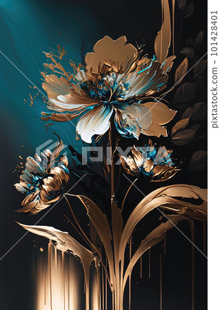 Abstract floral oil painting. Golden colorful blooms on dark background. Generative AI 101428401