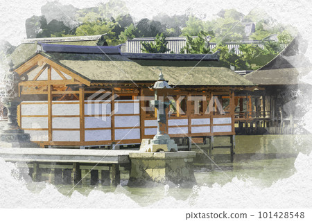 水彩風格的宮島,嚴島神社,火災前,廣島縣廿日市市 水彩風格的宮島,嚴島神社,火災前,廣島縣廿日市市 101428548