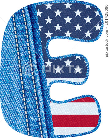 Letter E with the texture of blue denim fabric and US flag - The Monogram E with jean fabric and American flag- jean fabric alphabet A to Z	 101429080