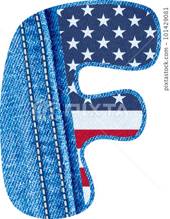 Letter F with the texture of blue denim fabric and US flag - The Monogram F with jean fabric and American flag- jean fabric alphabet A to Z	 101429081