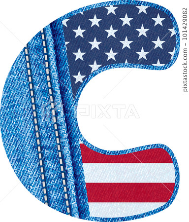 The letter C with the texture of blue denim fabric and US flag - The Monogram C with jean fabric and American flag- jean alphabet A to Z	 101429082