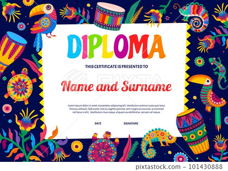 Kids diploma, Brazilian toucans and parrots, Mexican chameleons and turtles, vector education certificate. Colorful Latin flowers and birds on school diploma award or kindergarten workshop certificate Kids diploma, Brazilian toucans and parrots, Mexican chameleons and turtles, vector education certificate. Colorful Latin flowers and birds on school diploma award or kindergarten workshop certificate 101430888