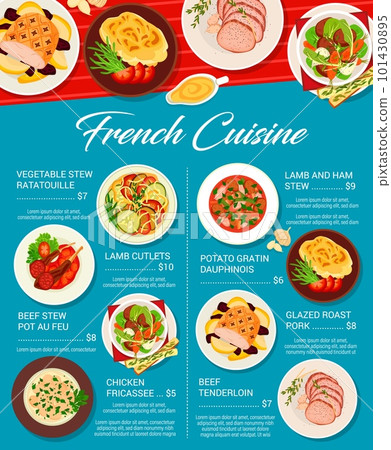 French cuisine food menu page. Glazed roast pork, beef tenderloin and potato gratin Dauphinois, beef stew Pot au Feu and vegetable stew ratatouille, lamb and ham stew, lamb cutlets, chicken fricassee 101430895