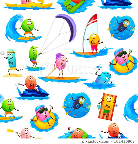 Cartoon minerals characters on summer vacations, seamless pattern and vector background. Potassium swimming in sea, Chlorine on snorkeling or scuba diving and Zinc windsurfing, funny minerals pattern Cartoon minerals characters on summer vacations, seamless pattern and vector background. Potassium swimming in sea, Chlorine on snorkeling or scuba diving and Zinc windsurfing, funny minerals pattern 101430902
