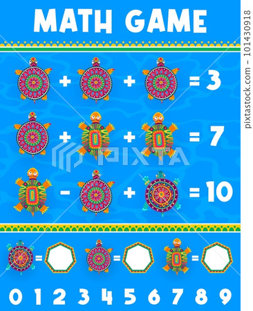 Math game worksheet mexican turtles on water. Vector mathematics test for kids with reptiles in folk style of Mexico. How many turtles riddle for children education and learning arithmetic puzzle task Math game worksheet mexican turtles on water. Vector mathematics test for kids with reptiles in folk style of Mexico. How many turtles riddle for children education and learning arithmetic puzzle task 101430918