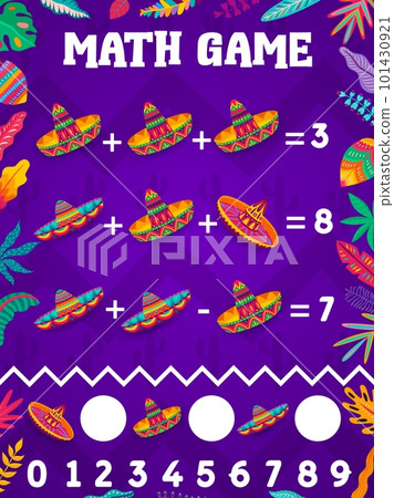 Math game worksheet mexican sombrero hats and flowers. Vector mathematics riddle for children calculation learning with traditional headwear of Mexico. Education task, arithmetic equations puzzle Math game worksheet mexican sombrero hats and flowers. Vector mathematics riddle for children calculation learning with traditional headwear of Mexico. Education task, arithmetic equations puzzle 101430921