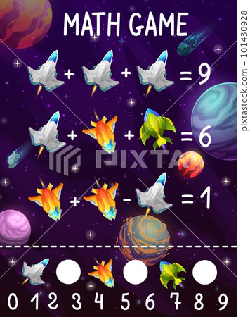 Math game worksheet, cartoon spacecrafts and starships in galaxy space, vector quiz puzzle. Space rocket and fantasy galactic spaceships and galaxy shuttles with planets in math game counting skills 101430928