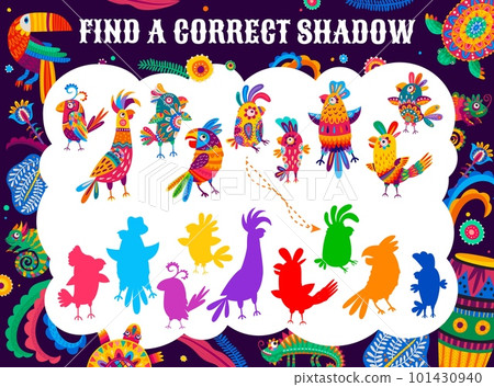 Find a correct shadow of cartoon mexican and brazilian parrots worksheet. Kids objects matching playing activity, vector puzzle game or quiz with colorful cartoon jungle birds, ornate parrots shadows Find a correct shadow of cartoon mexican and brazilian parrots worksheet. Kids objects matching playing activity, vector puzzle game or quiz with colorful cartoon jungle birds, ornate parrots shadows 101430940