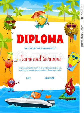 Vertical kids diploma cartoon fruits characters on summer beach. Vector educational school certificate with feijoa, durian, melon, carambola and dragon fruit, mandarin, lychee and papaya personages 101430942