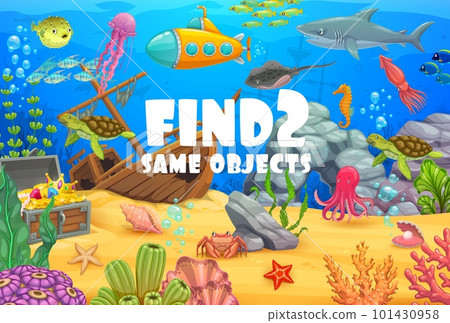 Cartoon underwater landscape and animals. Find two same objects game. Kids vector riddle worksheet with puffer or jelly fish, shark, submarine and stingray. sea horse, octopus or squid and turtle Cartoon underwater landscape and animals. Find two same objects game. Kids vector riddle worksheet with puffer or jelly fish, shark, submarine and stingray. sea horse, octopus or squid and turtle 101430958
