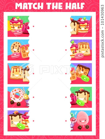 Match the half of cartoon sweets, ice cream and dessert characters. Vector game worksheet with cake, macaroon, jelly pudding and pie. Waffle, chocolate cookie, donut and candy cotton kawaii personages 101430963