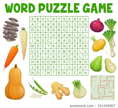 Mushrooms and farm raw vegetables on word search puzzle game worksheet. Child quiz grid, cartoon vector educational game or kindergarten children intelligence test with words in letters find task Mushrooms and farm raw vegetables on word search puzzle game worksheet. Child quiz grid, cartoon vector educational game or kindergarten children intelligence test with words in letters find task 101430967