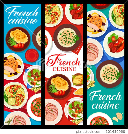French cuisine food banners. Glazed roast pork, vegetable stew ratatouille and potato gratin Dauphinois, lamb and ham stew, beef stew Pot au Feu and chicken fricassee , beef tenderloin, lamb cutlets 101430968