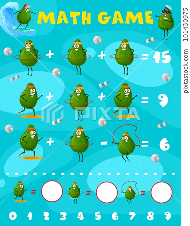 Cartoon avocado characters math game worksheet. Vector mathematics subtraction and extraction riddle for children education and learning arithmetic with funny fruits jogging and spinning hoop 101430975