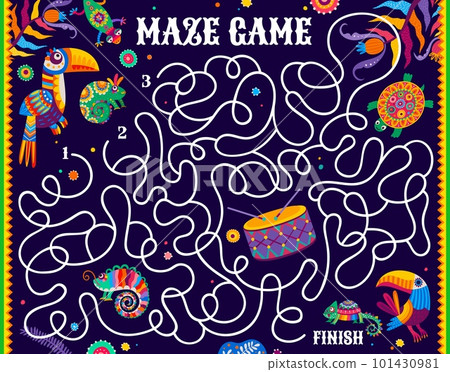 Labyrinth maze, cartoon Mexican, Brazilian animals, vector game worksheet. Tropical toucan bird, gecko or chameleon with turtle and flowers or Brazilian drums on kids labyrinth or escape puzzle quiz Labyrinth maze, cartoon Mexican, Brazilian animals, vector game worksheet. Tropical toucan bird, gecko or chameleon with turtle and flowers or Brazilian drums on kids labyrinth or escape puzzle quiz 101430981