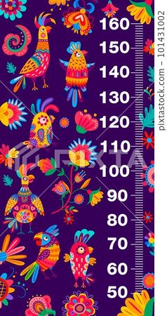 Kids height chart with Brazilian parrots and flowers. Kids growth centimeter scale, children height vector measure ruler or child growth meter with Brazilian or Mexican jungle colorful, ornate birds 101431002