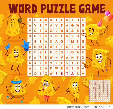 Cartoon maasdam and gouda cheese characters. Word search puzzle game worksheet. Vector crossword for kid, amusement quiz grid with brie, cheddar, parmigiano or gruyere. Mozzarella, feta or edam cheese 101431006
