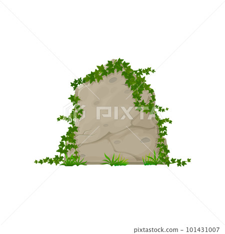 Stone board with ivy leaves, cartoon climping hedera on jungle rock panel. Vector border with natural ive branches, garden summer foliage on stone 101431007
