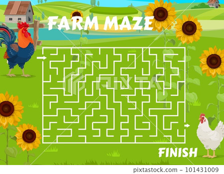 Labyrinth maze game. Help the rooster find the hen on farm. Kids maze puzzle, children labyrinth vector worksheet or quiz with rooster and hen farm poultry birds on rural landscape 101431009