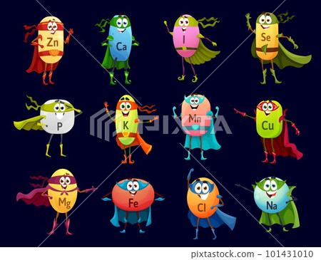Cartoon minerals superhero and defender characters, micronutrient personages. Vector copper, selenium, manganese and calcium. Phosphorus, ferrum, iodine or natrium, chlorium, potassium, kalium or zinc 101431010