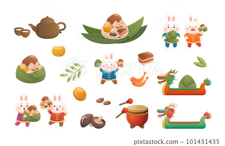 Set of elements for the Dragon Boat Festival, Chinese and Taiwanese festivals, rice dumplings and rabbits and boats with dragons, traditional culture Set of elements for the Dragon Boat Festival, Chinese and Taiwanese festivals, rice dumplings and rabbits and boats with dragons, traditional culture 101431435