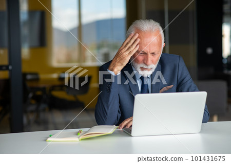 Handsome smiling senior man while sitting at his cozy workplace with laptop at home, retired male chatting with friends in social media, 101431675