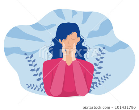 depression concept, Young woman suffer from mental disorders covering her face with hands physical and emotional girl trying to solve complex problem vector illustration 101431790