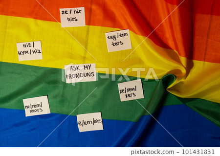 ASK MY PRONOUN Neo pronouns concept. Rainbow flag with paper notes text gender pronouns hie, e, ne, xe, ze, tey. Non-binary people rights transgenders. Lgbtq community support assume my gender 101431831