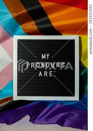MY PRONOUNS ARE text Neo pronouns concept on Rainbow flag background gender pronouns. Non-binary people rights transgenders. Lgbtq community support assume my gender tolerance equal rights 101431843