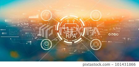 Robotic Process Automation theme with blurred city at sunset or sunrise 101431866