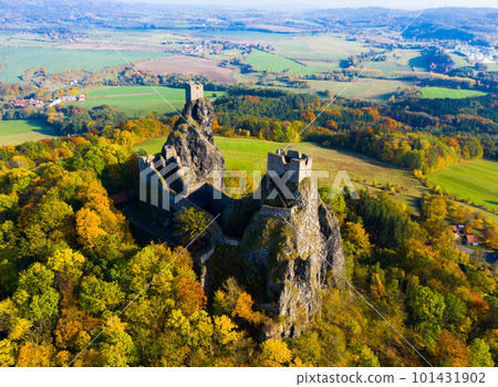 Medieval castle of Trosky on a hill in the forest.  101431902