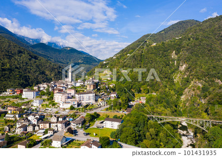Aerial view of Swiss hamlet of Intragna in Alps in summertime 101431935