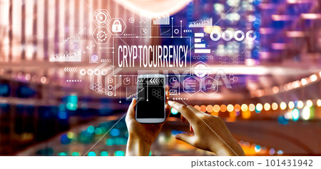 Cryptocurrency theme with big city at night 101431942