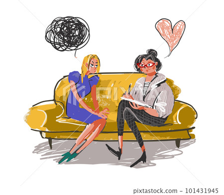 A psychologist listens to a patient in a psychotherapy session, two women are sitting on a couch and talking. Coaching consultations, a humorous sketch about contemporary issues. Flat vector 101431945
