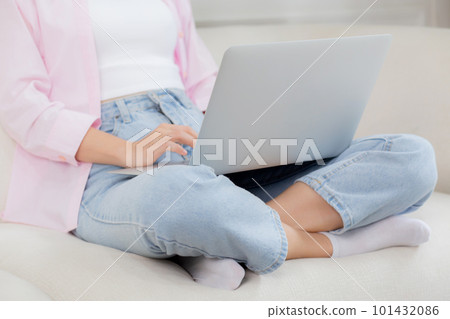Closeup hands business woman work from home with laptop computer online. Closeup hands business woman work from home with laptop computer online. 101432086