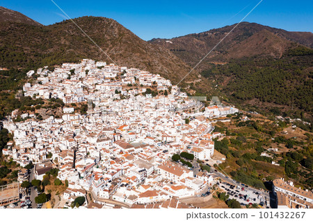Aerial view of Ojen, white village over a hillside near Marbella, Spain in the spring Aerial view of Ojen, white village over a hillside near Marbella, Spain in the spring 101432267