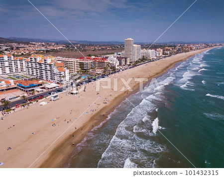 Aerial view of Peniscola beachside and buildings at sunny day Aerial view of Peniscola beachside and buildings at sunny day 101432315