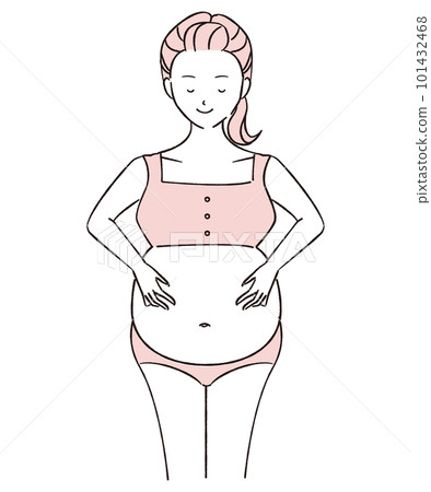 Pregnant system Put your hand on your stomach Smiling woman 101432468