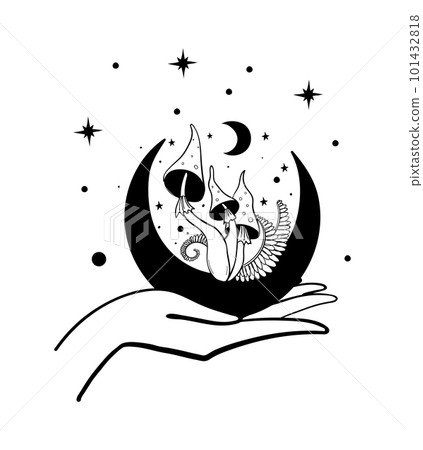 Mushroom microdosing concept, hand holding moon with mystical mushrooms. Esoteric line tattoo, forest composition in boho style with mushrooms and ferns. Vector illustration isolated on white 101432818