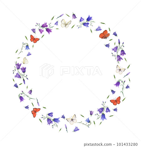 Watercolor wreath of harebells, oats and bright fluttering butterflies isolated on white background. Perfect for postcard design, invitation template, birthday, wedding, mother day cards Watercolor wreath of harebells, oats and bright fluttering butterflies isolated on white background. Perfect for postcard design, invitation template, birthday, wedding, mother day cards 101433280