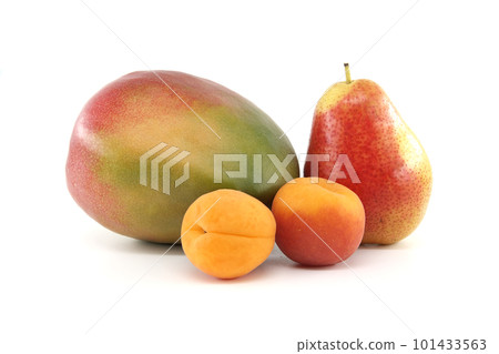 Whole ripe apricot, pear and mango fruit over white Whole ripe apricot, pear and mango fruit over white 101433563