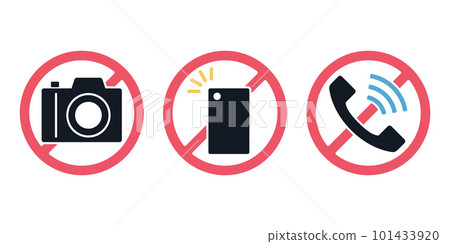 禁止拍照的標誌。禁止用相機或智能手機拍照的象形圖。一組圖標。 101433920