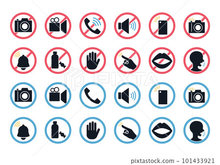 禁止標記的圖標集 禮儀和規則的象形圖 相機、手機等 禁止標記的圖標集 禮儀和規則的象形圖 相機、手機等 101433921