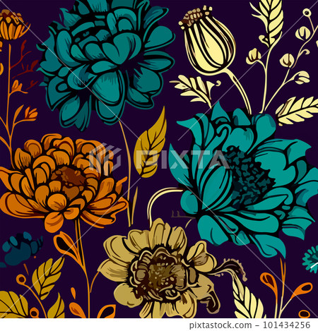 Flat monochrome drawing of a pattern of flowers and leaves on a dark background. For your design 101434256