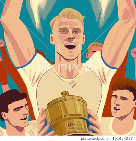 Flat illustration of athletes celebrating victory with a prize in their hands Flat illustration of athletes celebrating victory with a prize in their hands 101434257