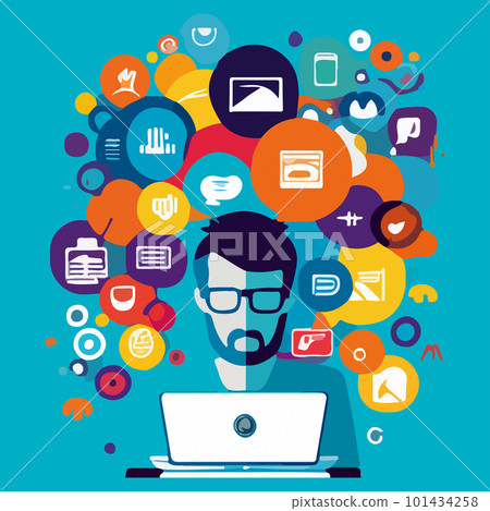 Flat illustration of a man using a laptop against the background of multi-colored icons and schemes. For your design Flat illustration of a man using a laptop against the background of multi-colored icons and schemes. For your design 101434258