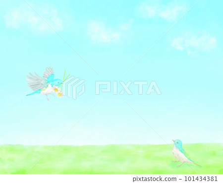一隻藍色小鳥的水彩插圖，它在藍天下的田野裡飛來獻花。 101434381