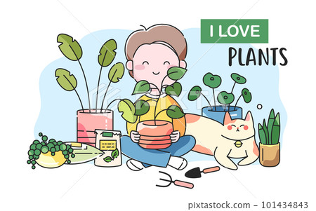 Young happy person spending time with the cat in the home garden growing plants. Growing home plants  in pots. Young man caring for houseplants. Cartoon vector illustration in flat cute style. 101434843