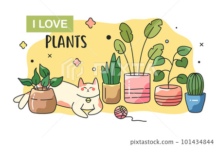 The cat sits surrounded by house plants in flower pots. Cute cartoon vector illustration on a yellow isolated background.  101434844