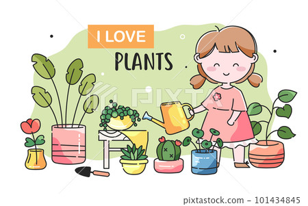 Cute young girl watering and planting indoor plants in flower pots. Vector illustration on an isolated background with the motto - I love plants. Cartoon concept illustration on the theme of plants. Cute young girl watering and planting indoor plants in flower pots. Vector illustration on an isolated background with the motto - I love plants. Cartoon concept illustration on the theme of plants. 101434845